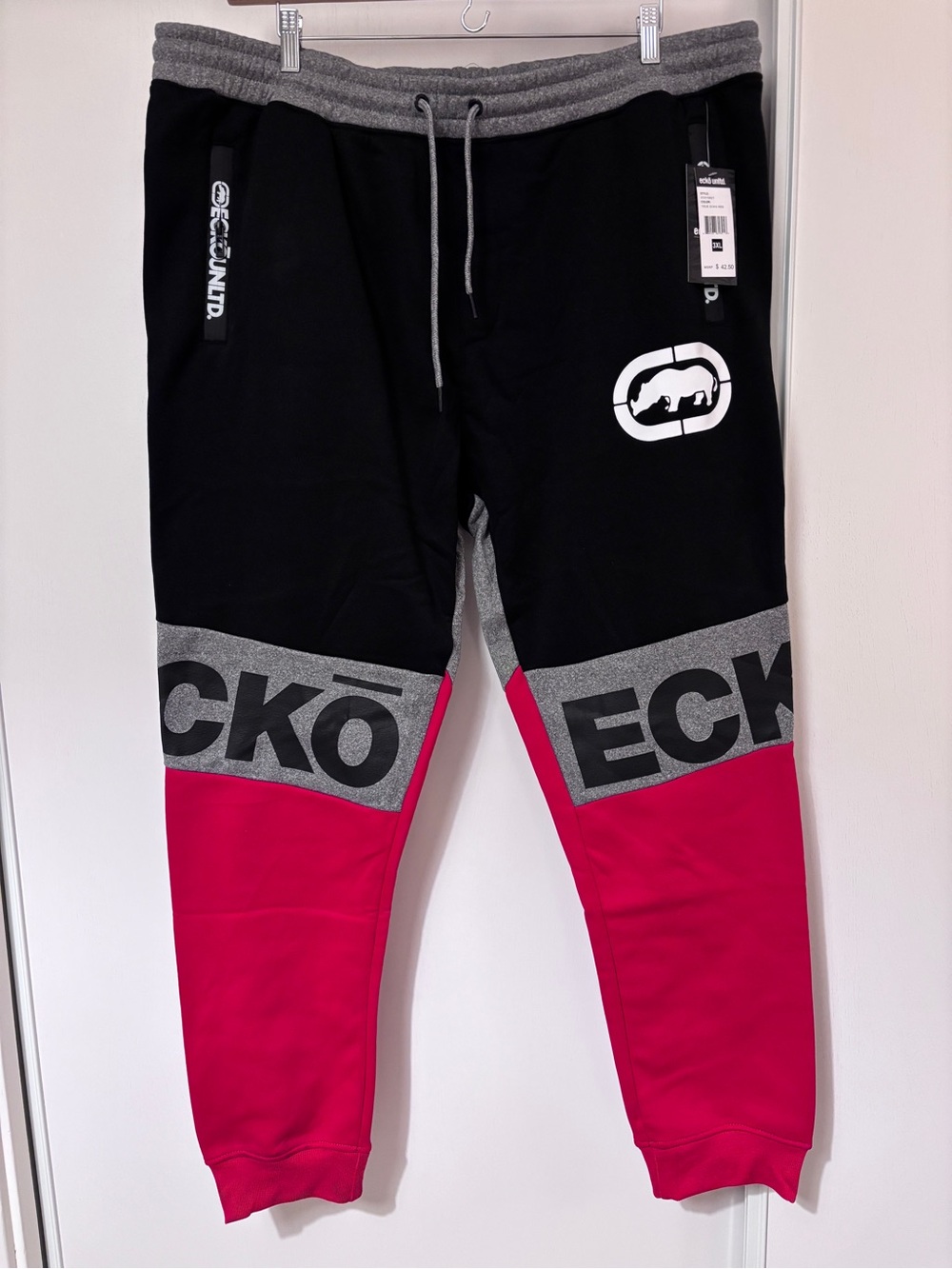 Ecko Unltd Y2K Sweatpants Size XXXL Red Black Streetwear Puff Paint Colorblock